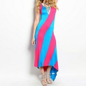 Pink/Turquoise Asymmetric Tank Top Maxi Dress